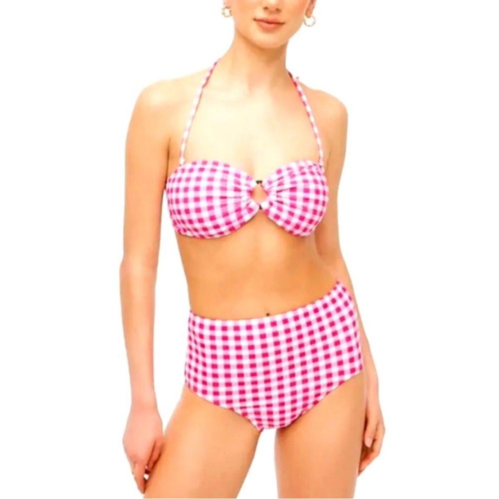 NWT J. Crew Raspberry Pink/White Gingham High-Waisted Bikini Bottom, sz Small